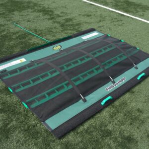 Single 6ft SportSweeper™ overhead angled view being towed on synthetic turf field