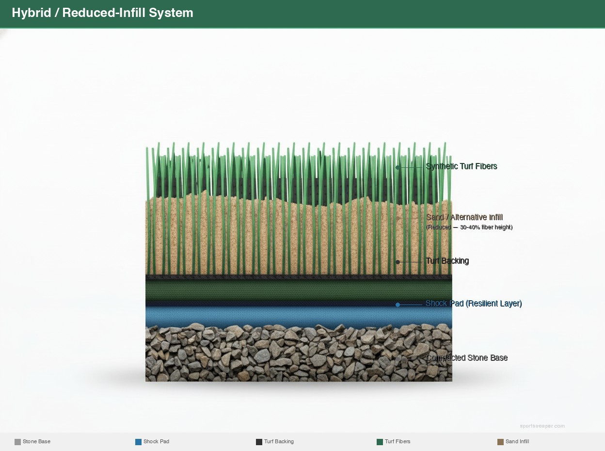 Cross-section diagram of hybrid reduced-infill synthetic turf system