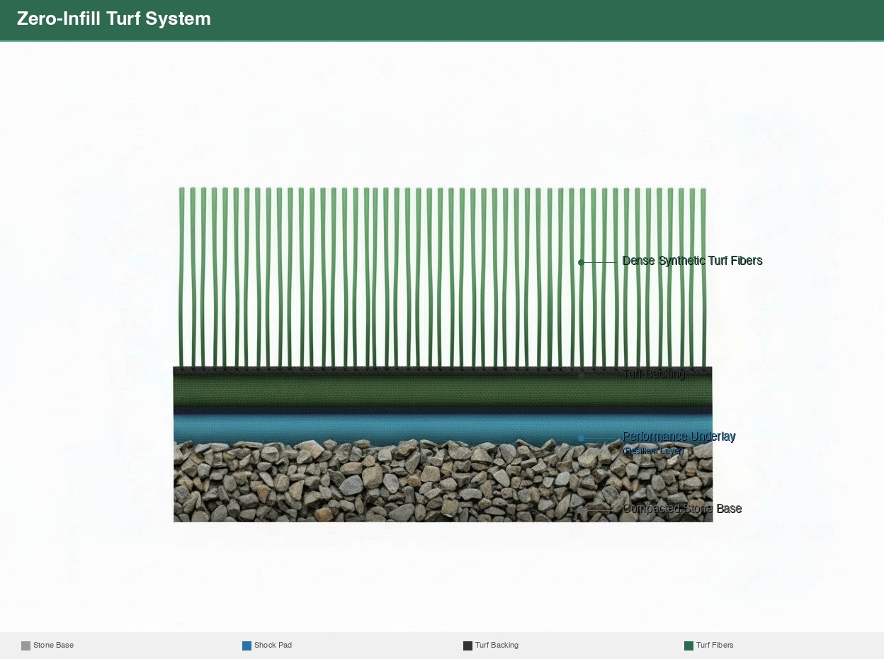 Cross-section diagram of zero-infill synthetic turf system