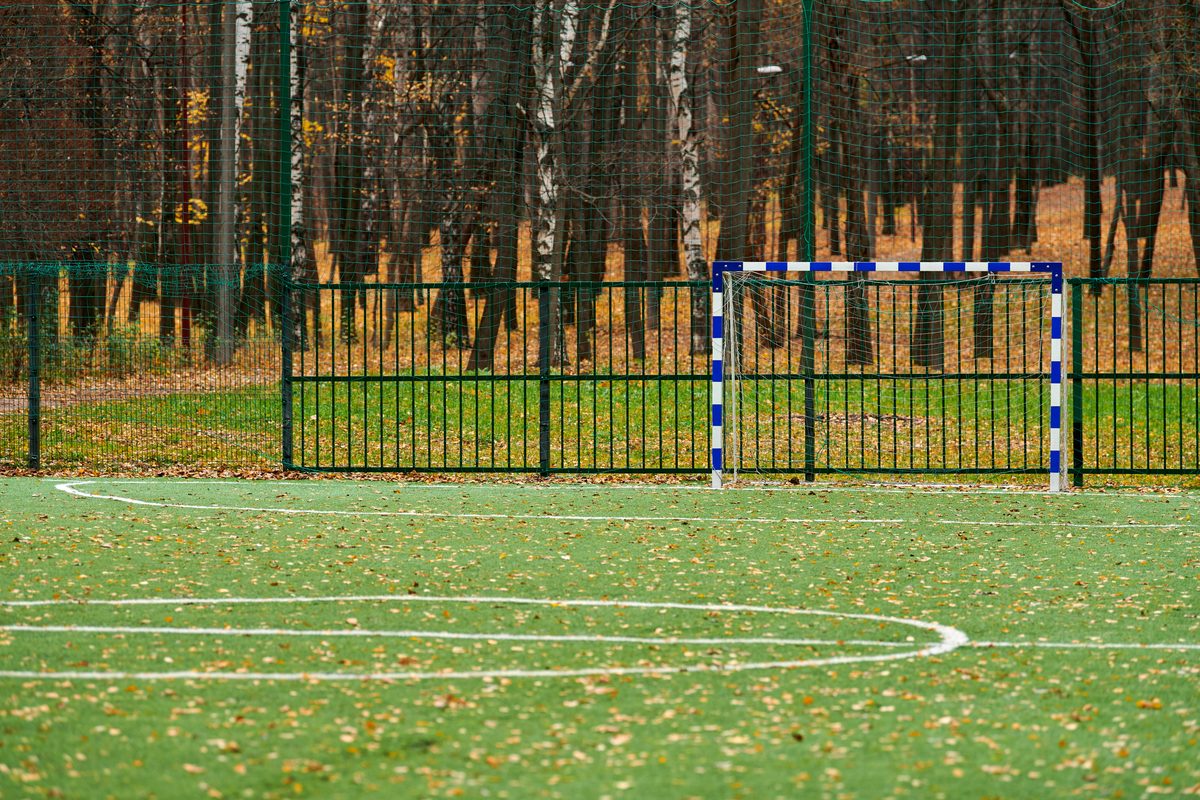 Fallen leaves and debris on a synthetic turf soccer field