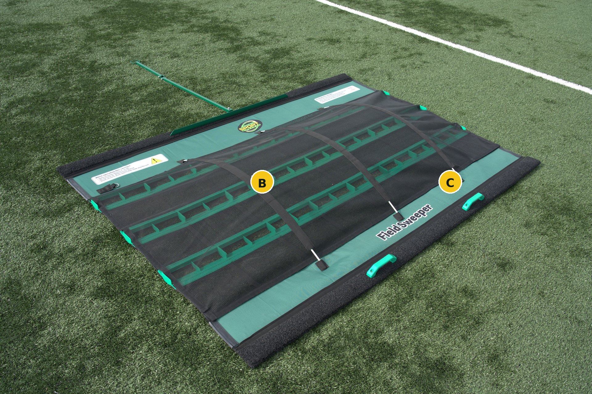 SportSweeper™ showing fiberglass rod pockets on Mesh Cover (B) and anchor pockets on Sweeper Assembly (C)