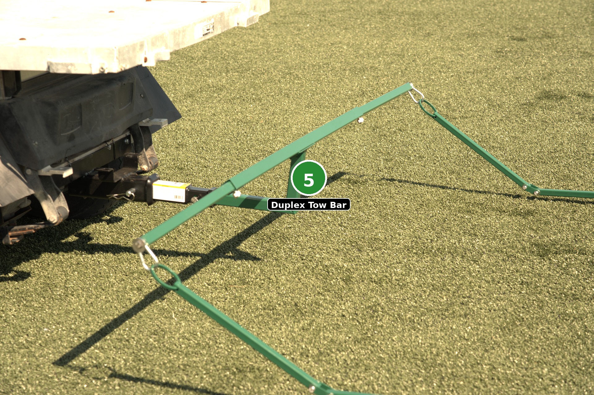 Duplex Tow Bar assembly labeled as component 5 — connects two sweeper assemblies for wider coverage